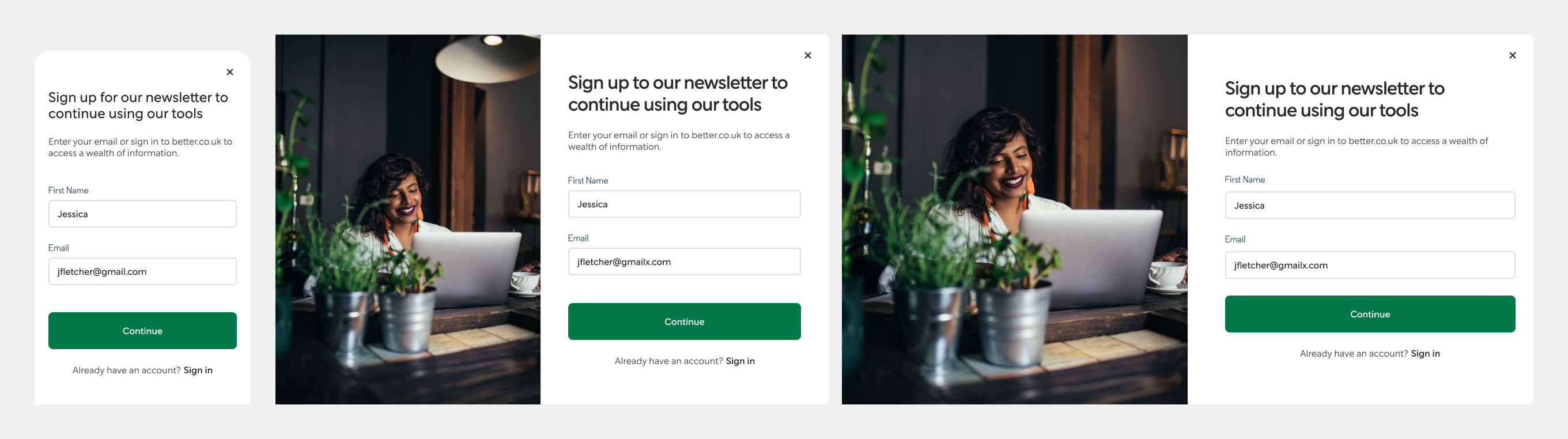 Redesigned sign-up modals with photography-led approach
